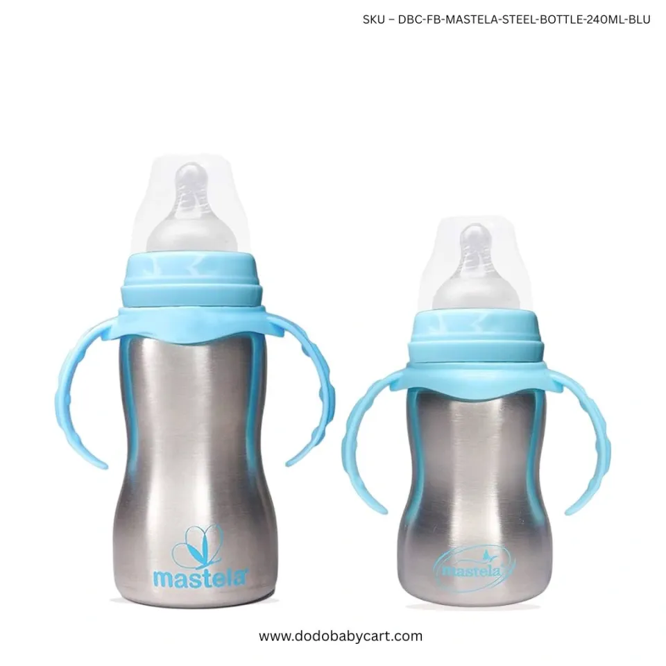 Mastela Stainless Steel Feeding Bottle with Handles, 240 ml — Blue
